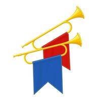 golden Horn Trompeten Musical Instrumente isoliert auf Weiß Hintergrund. königlich Fanfare mit triumphierend Flagge zum abspielen Musik. Vektor Illustration.