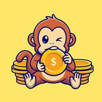süß Affe beißen Gold Münze Karikatur Vektor Symbol Illustration. Tier Finanzen Symbol Konzept isoliert Prämie Vektor. eben Karikatur Stil