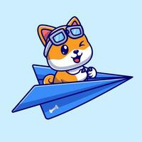 süß Shiba inu Hund Pilot Fahren Papier Flugzeug Karikatur Vektor Symbol Illustration. Tier Transport Symbol Konzept isoliert Prämie Vektor. eben Karikatur Stil