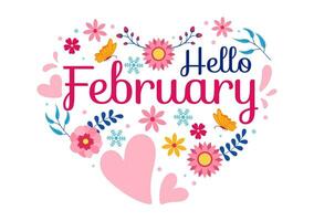 Hallo Februar Monat Vektor Illustration mit Blumen, Herzen, Blätter und süß Beschriftung zum Dekoration Hintergrund im eben Karikatur Vorlagen