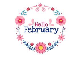Hallo Februar Monat Vektor Illustration mit Blumen, Herzen, Blätter und süß Beschriftung zum Dekoration Hintergrund im eben Karikatur Vorlagen