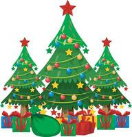 Vektor Weihnachten Baum isoliert auf transparent Hintergrund. schön leuchtenden Weihnachten Baum mit Dekorationen - - Bälle, Girlanden, Glühbirnen, Lametta und ein golden Star beim das oben. realistisch Stil.
