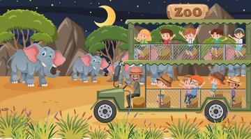 Safari in der Nachtszene mit vielen Kindern, die Elefantengruppe beobachten vektor