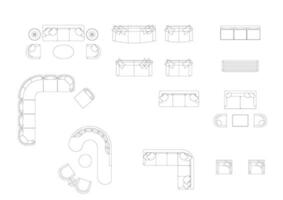 möbel ikon interiör planen se, topp uppsättning vektor. arkitektur hus soffa linje, Hem, översikt, lägenhet, samling, isolerat, layout, design, projekt, plan. vektor