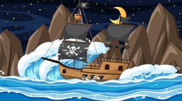 Ozean mit Piratenschiff bei Nachtszene im Karikaturstil vektor