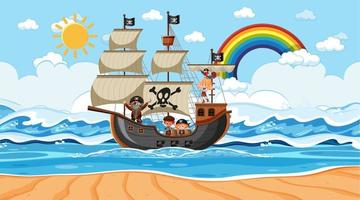 Strand mit Piratenschiff bei Tagesszene im Cartoon-Stil vektor