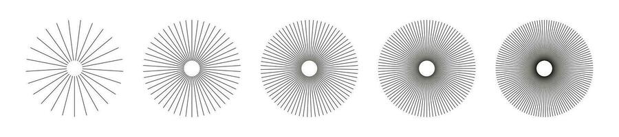 radial Kreis Linien. kreisförmig Linien Elemente. Symbol von Sonne Star Strahlen. eben Design Elemente. einstellen von abstrakt Illusion geometrisch Formen. Speichen mit ausstrahlen Streifen. Vektor Grafik Illustration. Folge.