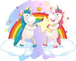 süßes Einhorn am Pastellhimmel mit Regenbogen vektor