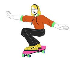 Skater Mädchen 80er Jahre Linie Karikatur eben Illustration. kaukasisch weiblich Skateboardfahrer 20er Jahre Erwachsene 2d lineart Charakter isoliert auf Weiß Hintergrund. Freizeit Aktivität 90er. Nostalgie Szene Vektor Farbe Bild