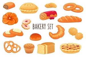 bageri ikonuppsättning i realistisk 3d -design. bunt söta rullar, paj, kakor, muffins, croissant, färskt bröd, bulle och annat. bakning menysamling. vektor illustration isolerad på vit bakgrund