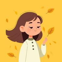 en ung tecknad serie flicka med fräknar beundrar de faller gul löv. höst säsong. tecknad serie stil vektor