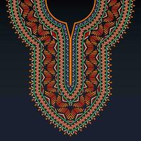 symmetrisch Ausschnitt Muster zum Dashiki Hemd mit keltisch Motive und bunt geometrisch Formen auf das dunkel Blau Hintergrund vektor