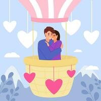 Mann und Frau von Liebhaber Innerhalb heiß Luft Ballon. Herzen, Liebe, romantisch Gruß Karte zum 14 Februar. Valentinstag Tag Banner. Vektor Illustration.