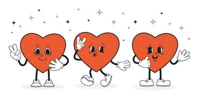 einstellen groovig Herzen modisch retro Karikatur Stil. süß Charakter zum Valentinstag Tag Karte, Poster, drucken, Party Einladung, Hintergrund. vektor