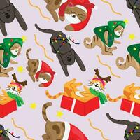 nahtlos Muster süß schläfrig Katzen tragen Weihnachten Outfits. Weihnachten Gruß Karte. Vektor Illustration. Weihnachten Hintergrund.