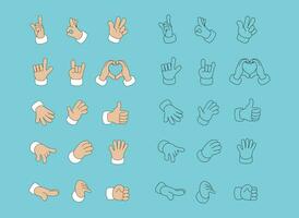 tecknad serie händer skildrar olika gester i Färg och svart översikt. lekfull och uttrycksfull hand gester isolerat. färgrik häftig händer visa upp en räckvidd av gester för uttrycker känslor. vektor