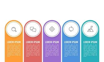 Infografik 5 Etiketten Design Vorlage mit Symbole. Geschäft Präsentation. Vektor Illustration.