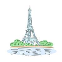 Eiffelturm mit Bäumen am Ufer des Flusses. Wahrzeichen von Paris. lineare Vektorgrafik vektor