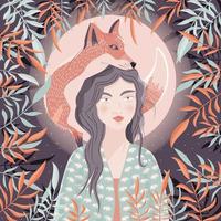 Porträt einer Frau und eines Fuchses auf ihrer Schulter. Nachtszene mit Mond und Sternen. wildes Tier und Mädchen in der Natur. bunte handgezeichnete Vektor-Illustration.