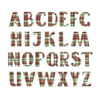 huvudstad hand dragen engelsk alfabet brev dekorerad med röd, vit, grön rutig mönster, jul klotter stil vektor illustration, calligraphic abc, söt rolig handstil, tecknad serie text