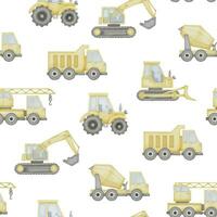 lastbil sömlös mönster vattenfärg illustration. hand dragen bilar på isolerat bakgrund. bebis pojke leksak teckning. skiss av konstruktion transport för Kläder och tyger för barn vektor