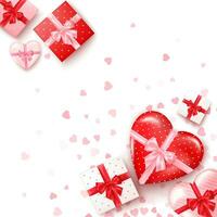 einstellen von Geschenke im Platz und Herzen geformt Kisten mit Seide Band und Bogen. Geschenk zum Valentinsgrüße Tag dekoriert Konfetti. Vorlage zum Banner oder Gruß Karte. Vektor