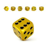tärningar. uppsättning av 3d gyllene eller gul craps med svart prickar. spela kasino och vinna jackpott. vektor illustration