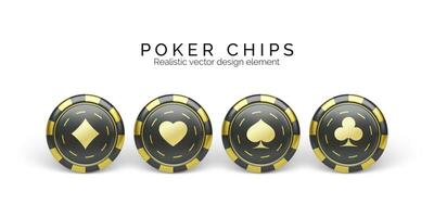 svart och gyllene kasino pommes frites isolerat på vit. hasardspel pommes frites med palying kort kostym symbol. vektor illustration