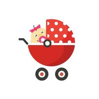 barn buggy eller bebis sittvagn pråm vektor ikon med unge karaktär inuti platt tecknad serie symbol isolerat på vit bakgrund, spädbarn nyfödd i små liten transport ClipArt