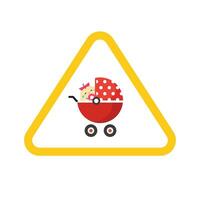 Baby auf Tafel Vorsicht Auto Straße Zeichen Aufkleber oder Kind im Buggy Kinderwagen Fahrzeug Sicherheit Vorsicht Text Vektor eben Karikatur Illustration, Gelb Farbe Dreieck Etikette modern Design Symbol isoliert Bild