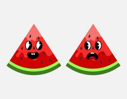 söt vattenmelon skivor i grön, röd, rosa. söt frukt karaktär med Lycklig och överraskad ansikte. vattenmelon par maskot med känsla. platt vektor illustration.