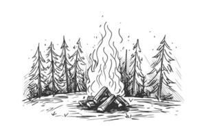 bål brinnande i de skog skiss hand ritade. vektor illustration design.