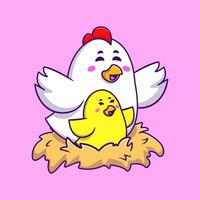 süß Hähnchen mit Küken auf Nest Karikatur Vektor Symbole Illustration. eben Karikatur Konzept. geeignet zum irgendein kreativ Projekt.