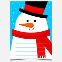 jul önskar lista mall för santa med tecknad serie snögubbe i de bakgrund. redo till skriva ut exempel av vykort eller brev till santa claus med tömma Plats till fylla i förbi barn under vinter- högtider. vektor