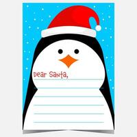jul brev till santa med pingvin tecknad serie karaktär i de bakgrund. tom önskar lista mall eller en hälsning vykort för barn till skriva en meddelande till santa claus och skicka den till de norr Pol. vektor