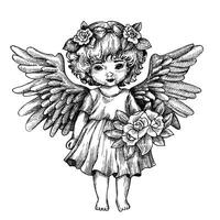 Vektor Zeichnung von ein süß Engel Mädchen im Gravur Stil. Jahrgang Illustration, Symbol von Weihnachten, Christentum