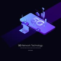 5g nätverk trådlös teknik vektor illustration. 5g isometrisk smartphone. Använder moderna digitala enheter.