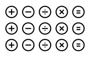 tillägg, subtraktion, division, multiplikation, och jämlikhet ikon på cirkel linje vektor