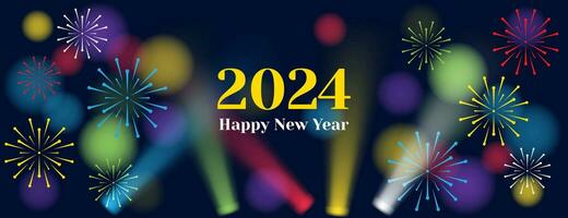bunt glücklich Neu Jahr 2024 Banner Design mit Feuerwerk und verwischen Hintergrund vektor