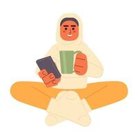 Muslim Frau chillen mit Smartphone Karikatur eben Illustration. Hijab weiblich entspannend Telefon, Trinken Kaffee 2d Charakter isoliert auf Weiß Hintergrund. inländisch gemütlich Szene Vektor Farbe Bild