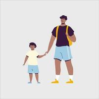 Vater und Sohn Gehen zusammen mit Rucksack. Vektor Illustration im eben Stil