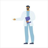 männlich Arzt im ein Weiß Mantel mit ein Zwischenablage. Vektor Illustration im eben Stil