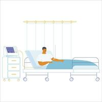 sjukhus säng och patient. platt vektor illustration av en man i sjukhus säng.