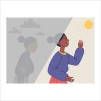 ung afrikansk amerikan kvinna ser på solnedgång. vektor illustration i platt stil
