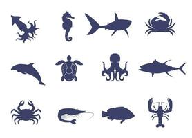 einstellen von Silhouetten von Marine Bewohner. Silhouette von Hai, Krake, Delfin, Krabbe, Hummer, Schildkröte und Andere vektor