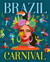 Poster mit Porträt von Frau und Menschen im Brasilien Karneval Outfit. Vektor abstrakt Illustration. Design zum Karneval Konzept und andere verwenden