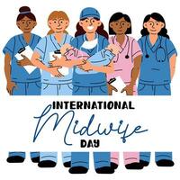 de internationell dag av barnmorskor är berömd årligen på Maj 5. barnmorska, en medicinsk professionell vem bryr sig för mödrar och nyfödda under förlossning. medicinsk enhetlig, personal, sjuksköterska, tvillingar. vektor