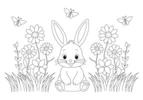 Färbung Seite mit bezaubernd Hase im Gras und Blumen. Hand gezeichnet Vektor konturiert schwarz und Weiß Illustration.