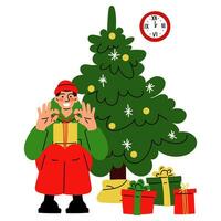 Weihnachten Illustration im welche ein Kerl öffnet ein Geschenk gegen das Hintergrund von ein Weihnachten Baum. es ist Zeit zu geben Geschenke. Auspacken ein Geschenk. Vektor. Geschenke und Überraschungen. fröhlich Weihnachten, glücklich Neu Jahr vektor