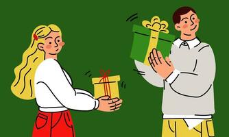 en ljus par ger varje Övrig gåvor på en grön bakgrund. vektor kille och flicka, vektor platt illustration av öppning gåvor, känslor. de ge gåvor. en överraskning gåva låda. jul, ny år